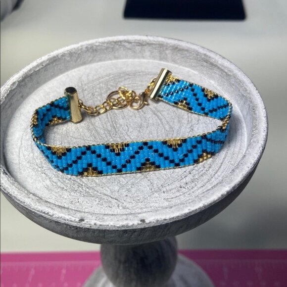 Hand Crafted Jewelry - Handcrafted Loom-Beaded Bracelet Blue, Black and Gold Miyuki Delica Seed Beads